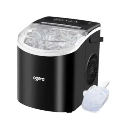 Portable countertop ice maker for home and office use, plastic body with transparent lid, black color, 12kg ice production capacity and 6-minute fast ice making