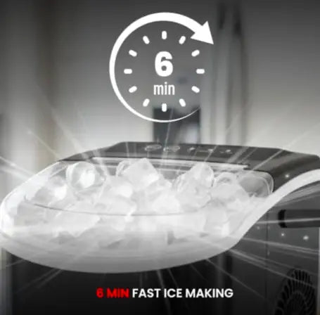 Portable countertop ice maker for home and office use, plastic body with transparent lid, black color, 12kg ice production capacity and 6-minute fast ice making