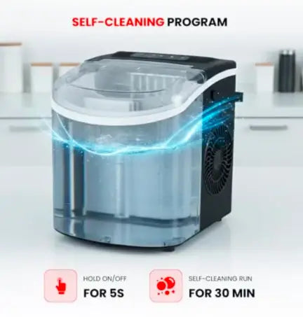 Portable countertop ice maker for home and office use, plastic body with transparent lid, black color, 12kg ice production capacity and 6-minute fast ice making