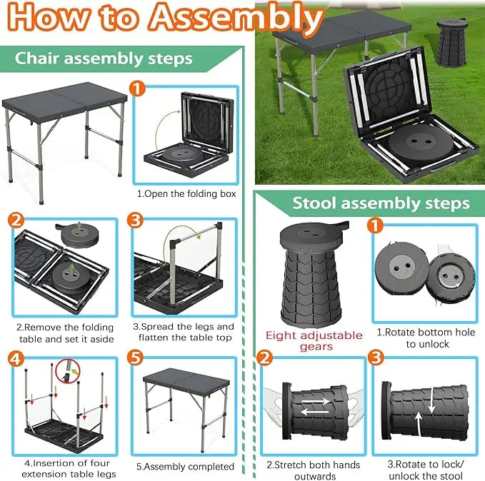 Portable Folding Camping Table and Stool Set (Black, Adjustable Height, 68x40x55cm)