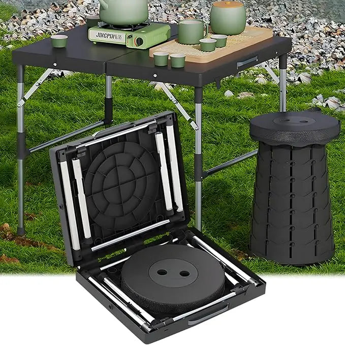 Portable Folding Camping Table and Stool Set (Black, Adjustable Height, 68x40x55cm)