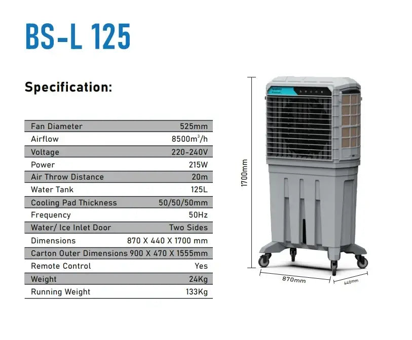 Portable Industrial Evaporative Air Cooler, 125L - Indoor And Outdoor Areas - With Strong Wheels & Brakes