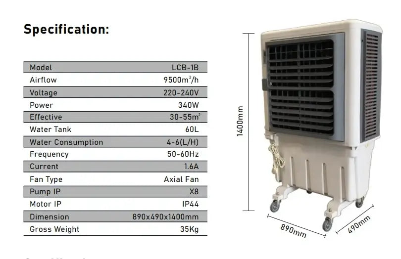 Portable Industrial Evaporative Air Cooler, indoor and outdoor areas, with strong wheels & brakes