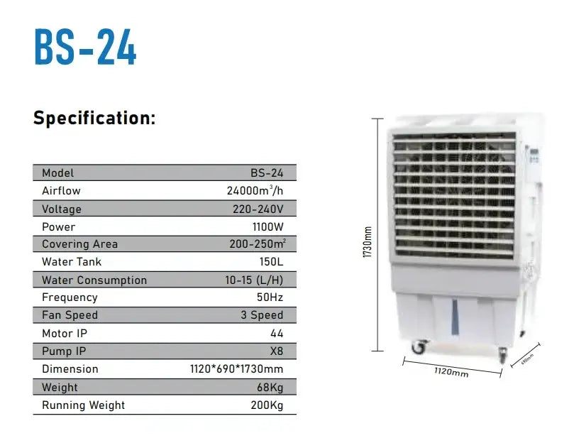 Portable Industrial Evaporative Air Cooler, Indoor And Outdoor Areas - With Strong Wheels & Brakes - 150L