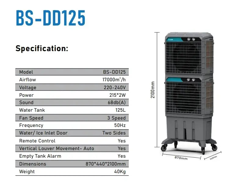 Portable Industrial Evaporative Air Cooler, Indoor And Outdoor Areas - With Strong Wheels & Brakes - (125-litres)