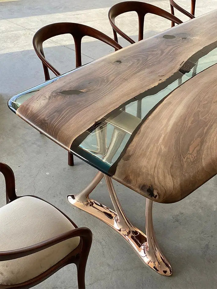 Pre Order Luxury Solid Wood & Resin Dining Table With Rose Gold Finish Metal Legs