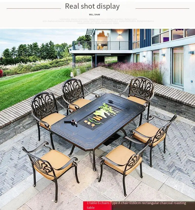 Pre Order Outdoor Cast Aluminum Multi-functional Barbecue Table & Chair Five-Piece Set