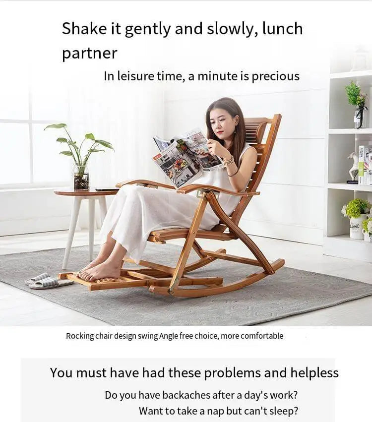 Premium Bamboo Rocking Chair – Folding Zero Gravity Sun Lounger for Indoor & Outdoor Relaxation