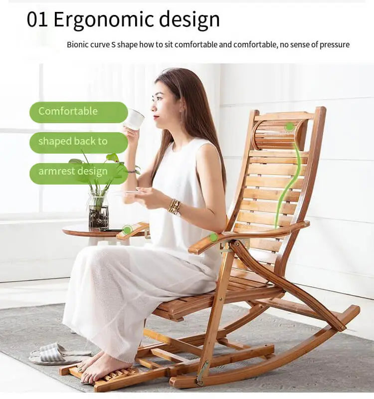 Premium Bamboo Rocking Chair – Folding Zero Gravity Sun Lounger for Indoor & Outdoor Relaxation