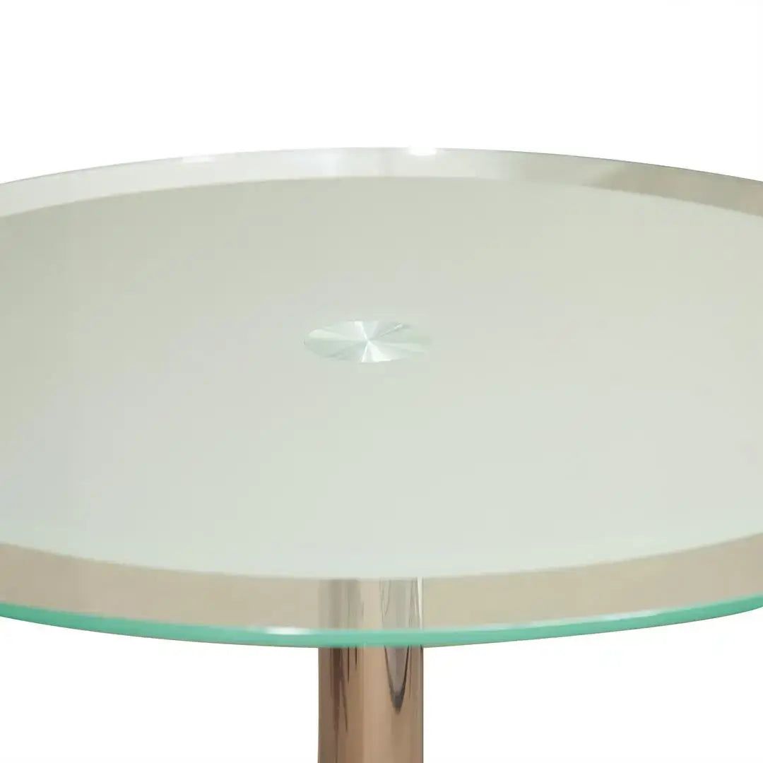 Premium round meeting table BC080 with clear grey tempered glass top and polished chrome stainless steel pedestal base