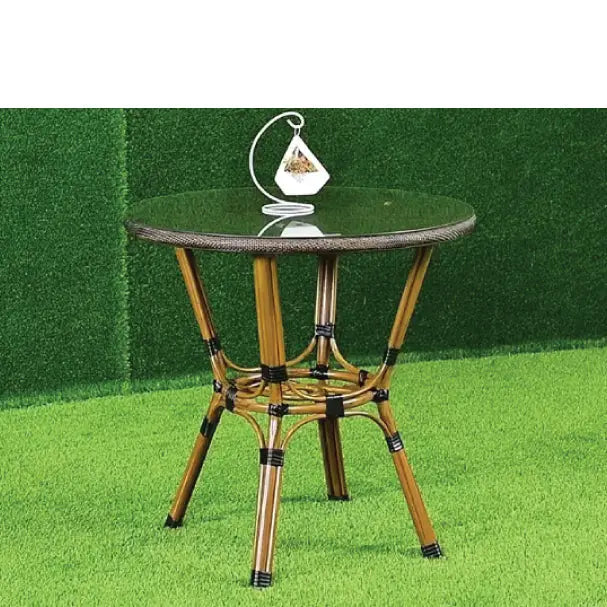 Rattan Outdoor Round Dining Table with Glass Top