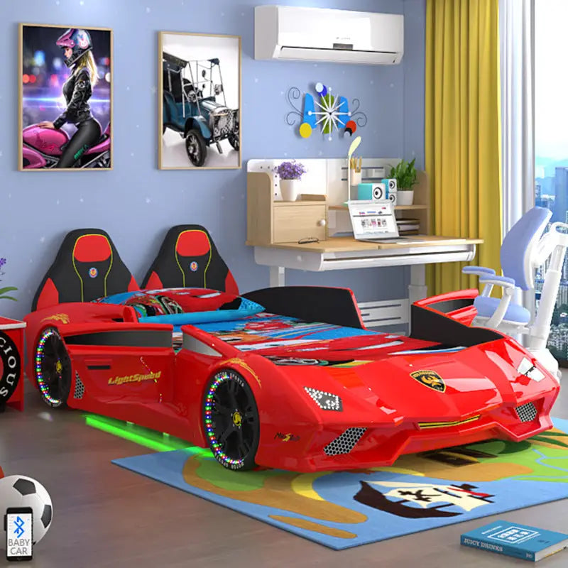 Red Car Beds LED Light Girl Children Desk with Music for Boy Race Car Kids Bed Storage Modern Wholesale Double Full Size