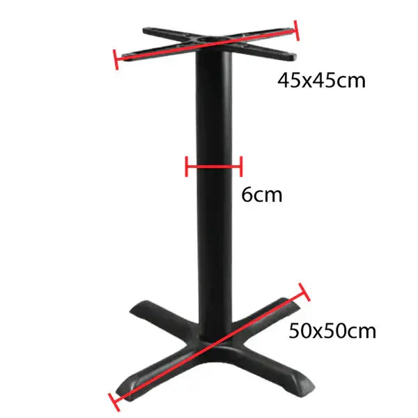 Black metal restaurant table base with a sturdy x-shaped pedestal design for commercial use