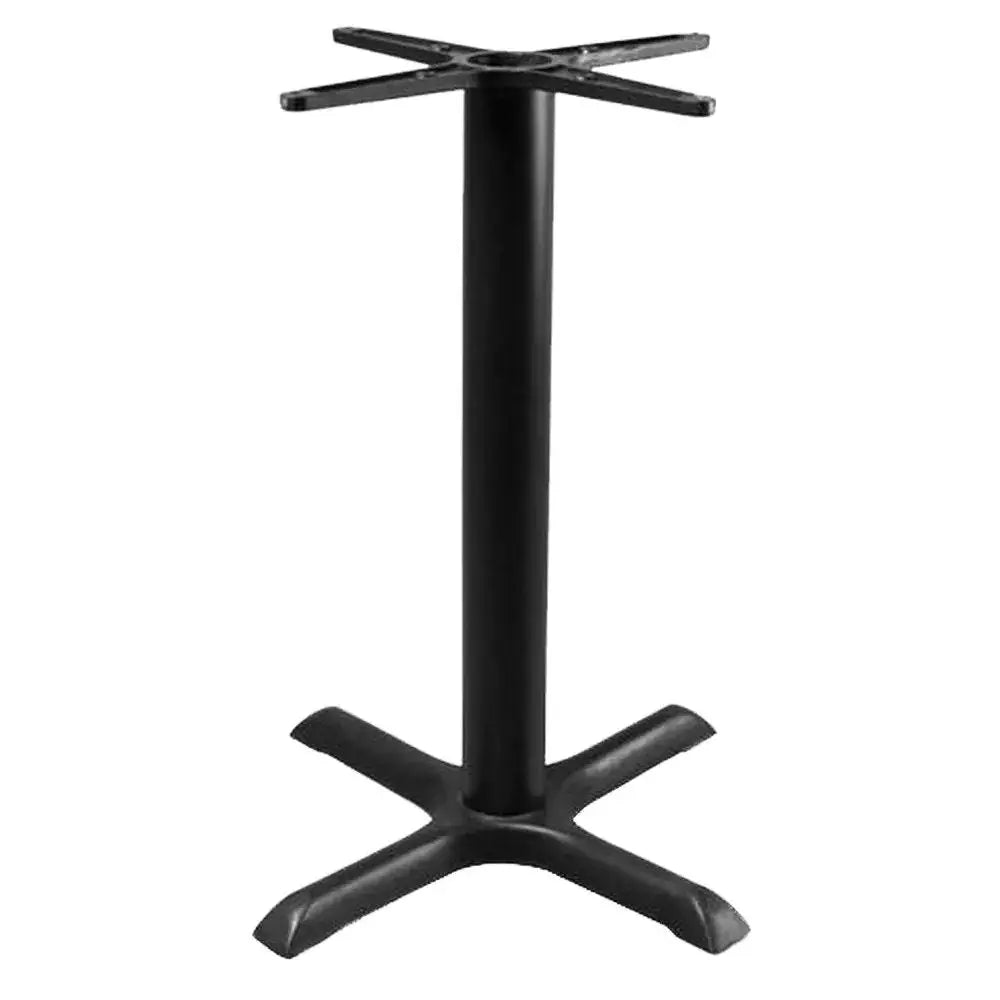 Black metal restaurant table base with central column and four splayed legs forming an x shape