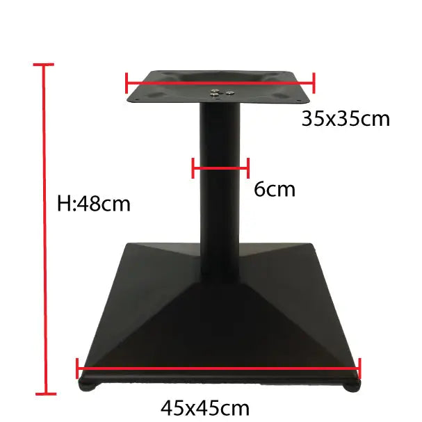 Black metal restaurant table with short square pyramid base 45x45cm bottom 35x35cm top 48cm height