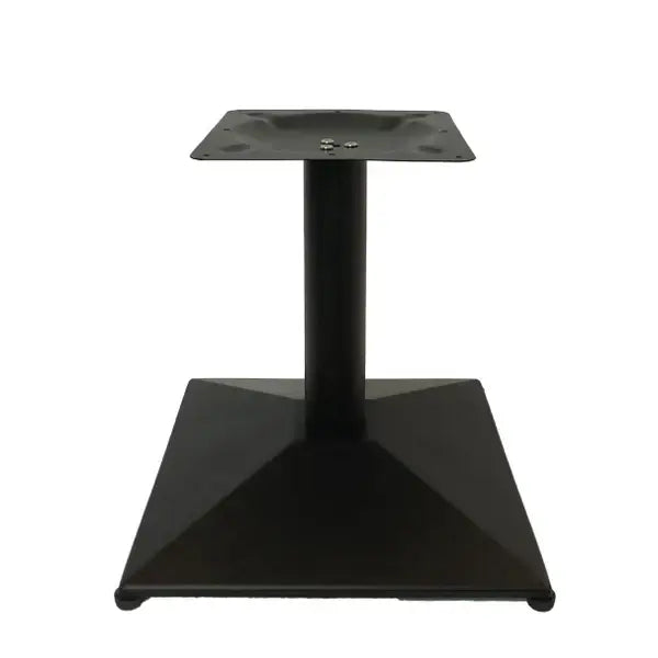 Black metal restaurant table base with square top plate and pyramid-shaped pedestal for short base design