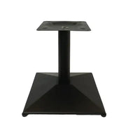 Black metal restaurant table base with square top plate and pyramid-shaped pedestal for short base design