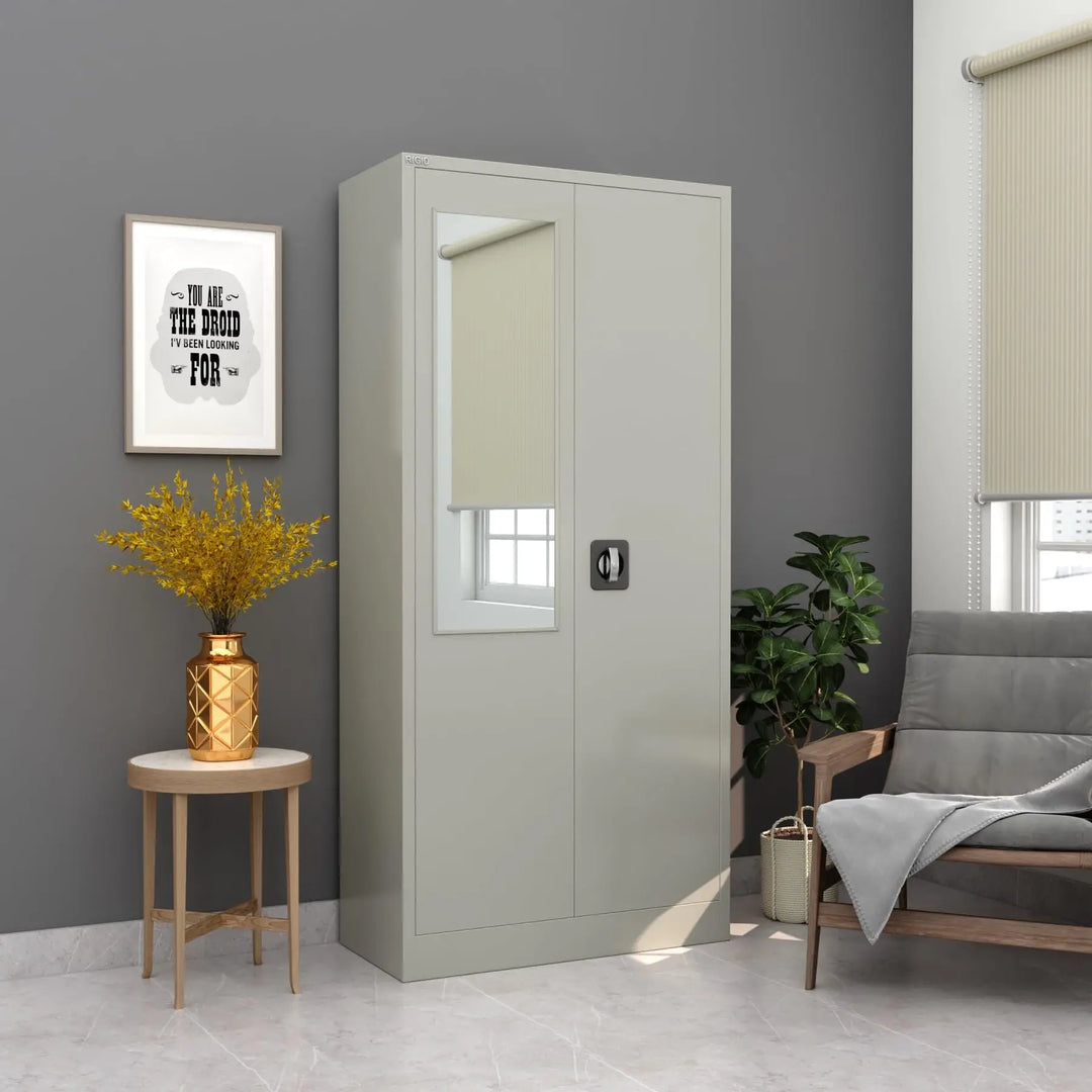 RIGID Steel Home Cupboard with Clothes-Hanging Space Shelving and Front Door Mirror (White)-GCC Home Center