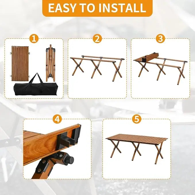 Roll-Up Metal Folding Table For Outdoor Events with Carry Bag – Brown, 120 x 60 cm