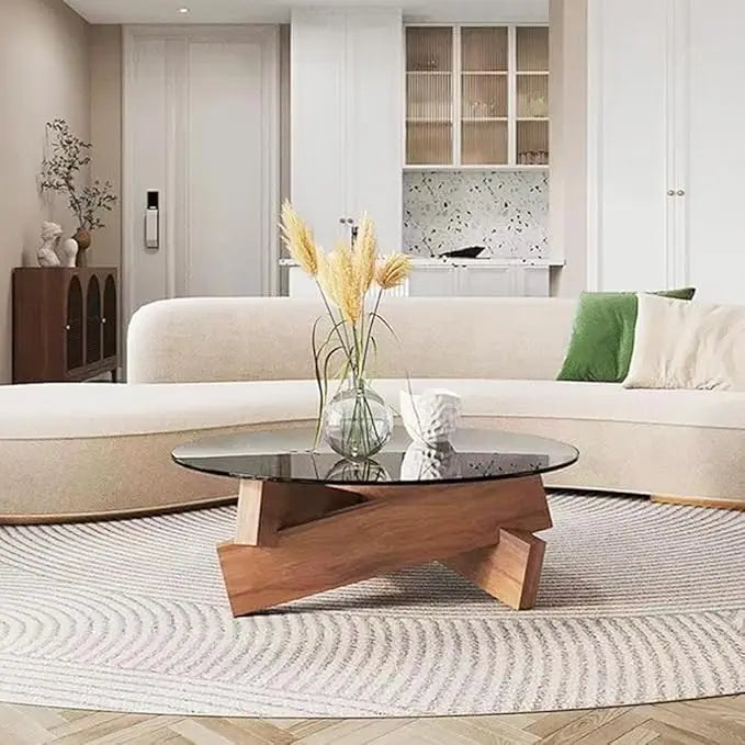 Round Coffee Table for Living Room, Modern Glass Coffee Table with Solid Wood Legs-GCC Home Center
