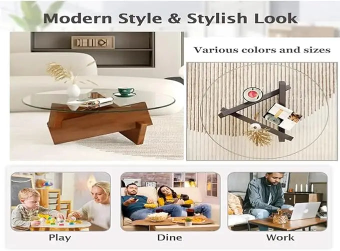 Round Coffee Table for Living Room, Modern Glass Coffee Table with Solid Wood Legs-GCC Home Center