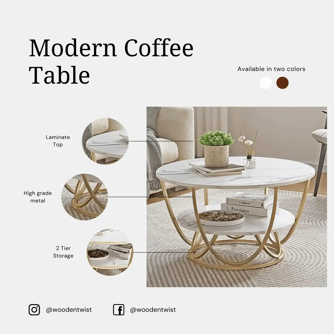 Round Coffee Table with Marble Top Like Finish Stylish 2-Tier Design