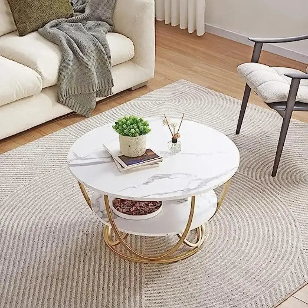 Round Coffee Table with Marble Top Like Finish Stylish 2-Tier Design