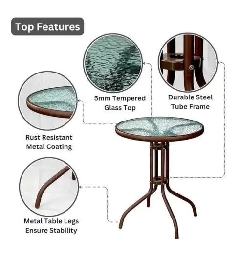 Round Dining Table with Tempered Water Ripple Glass Top – Rust-Resistant Metal Outdoor Table