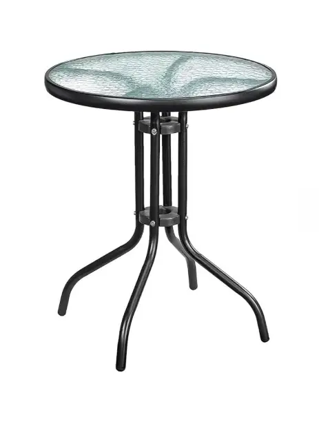 Round Dining Table with Tempered Water Ripple Glass Top – Rust-Resistant Metal Outdoor Table