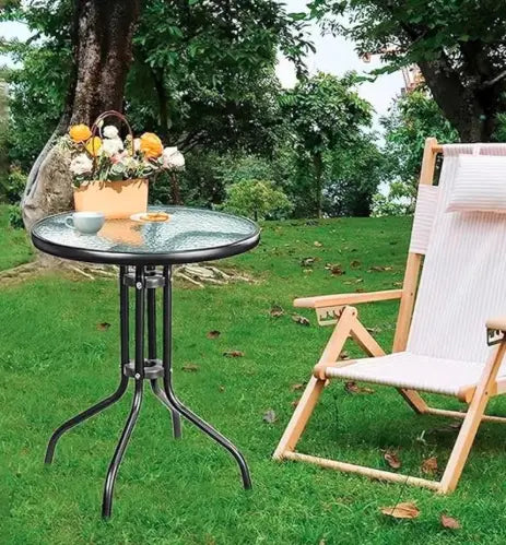 Round Dining Table with Tempered Water Ripple Glass Top – Rust-Resistant Metal Outdoor Table