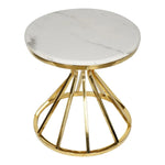 Load image into Gallery viewer, A sleek round marble coffee table with a white top and golden stainless steel cone base for elegant decor