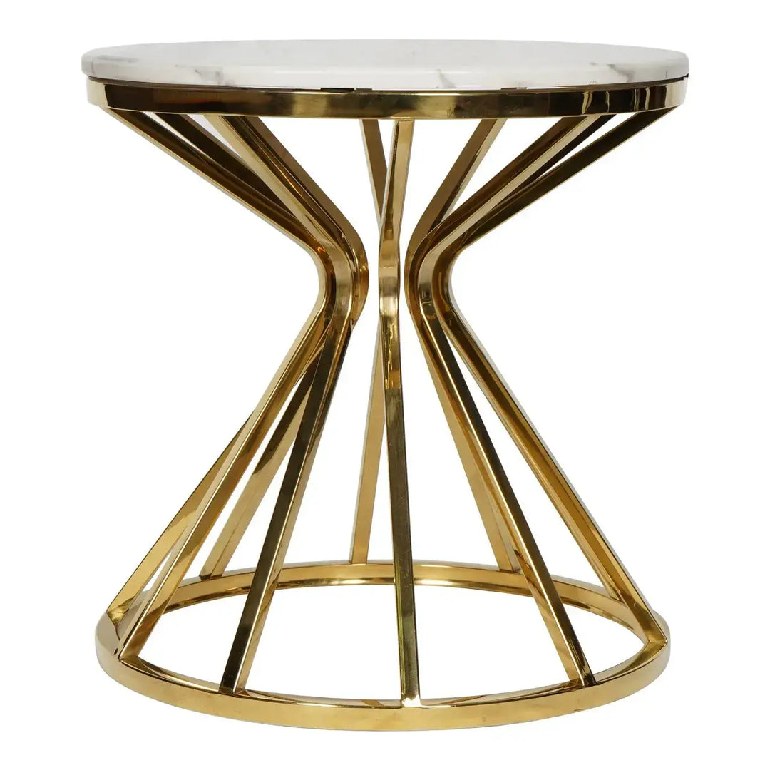 Round marble coffee table with white marble top and gold stainless steel geometric radiating base