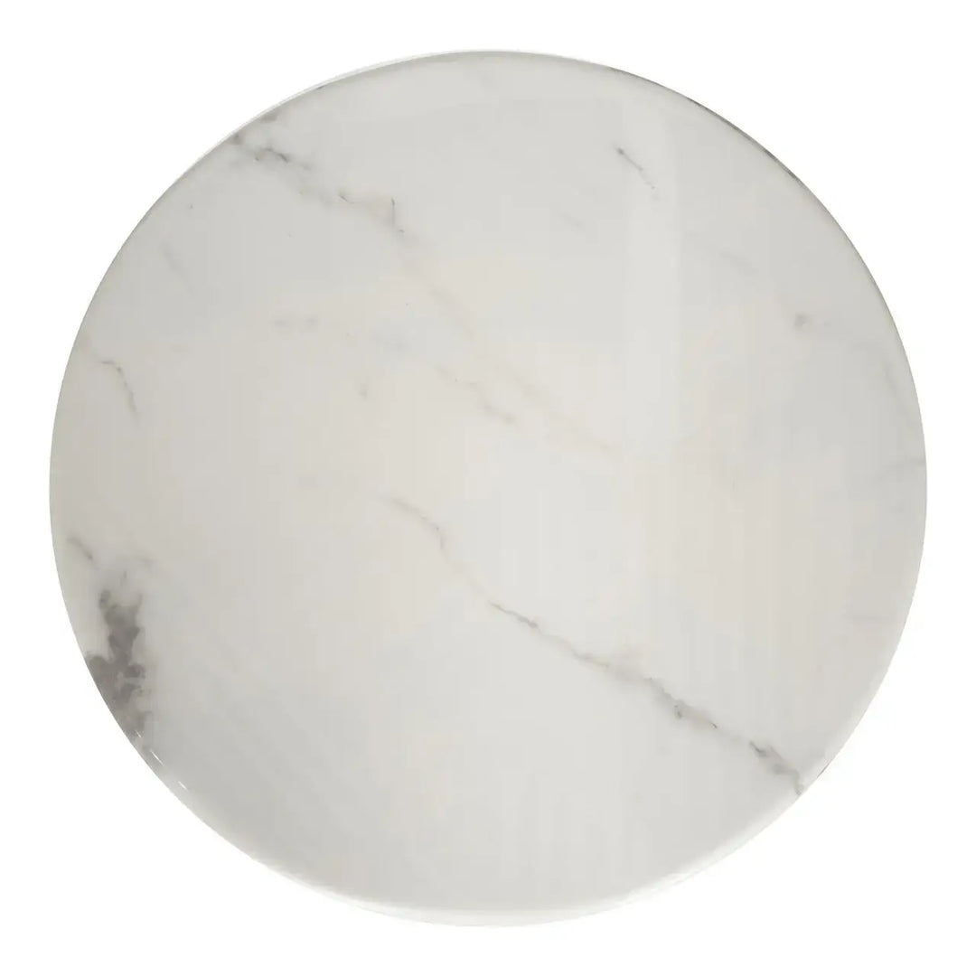 Circular white marble coaster with subtle gray veining complementing a round marble coffee table with gold stainless steel base