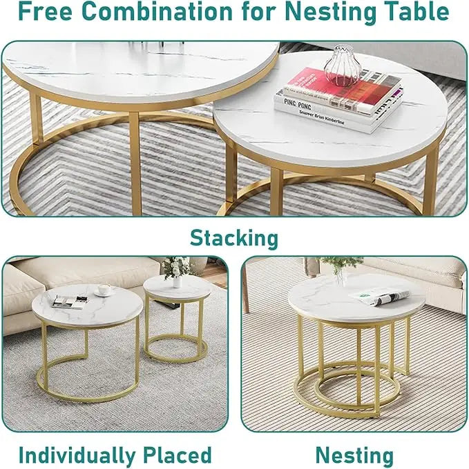 Round Nesting Coffee Table Set of 2 For Living Room - Gold & White-GCC Home Center