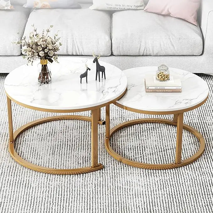 Round Nesting Coffee Table Set of 2 For Living Room - Gold & White-GCC Home Center