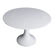 White round meeting table with glossy white finish and single pedestal base for modern office use