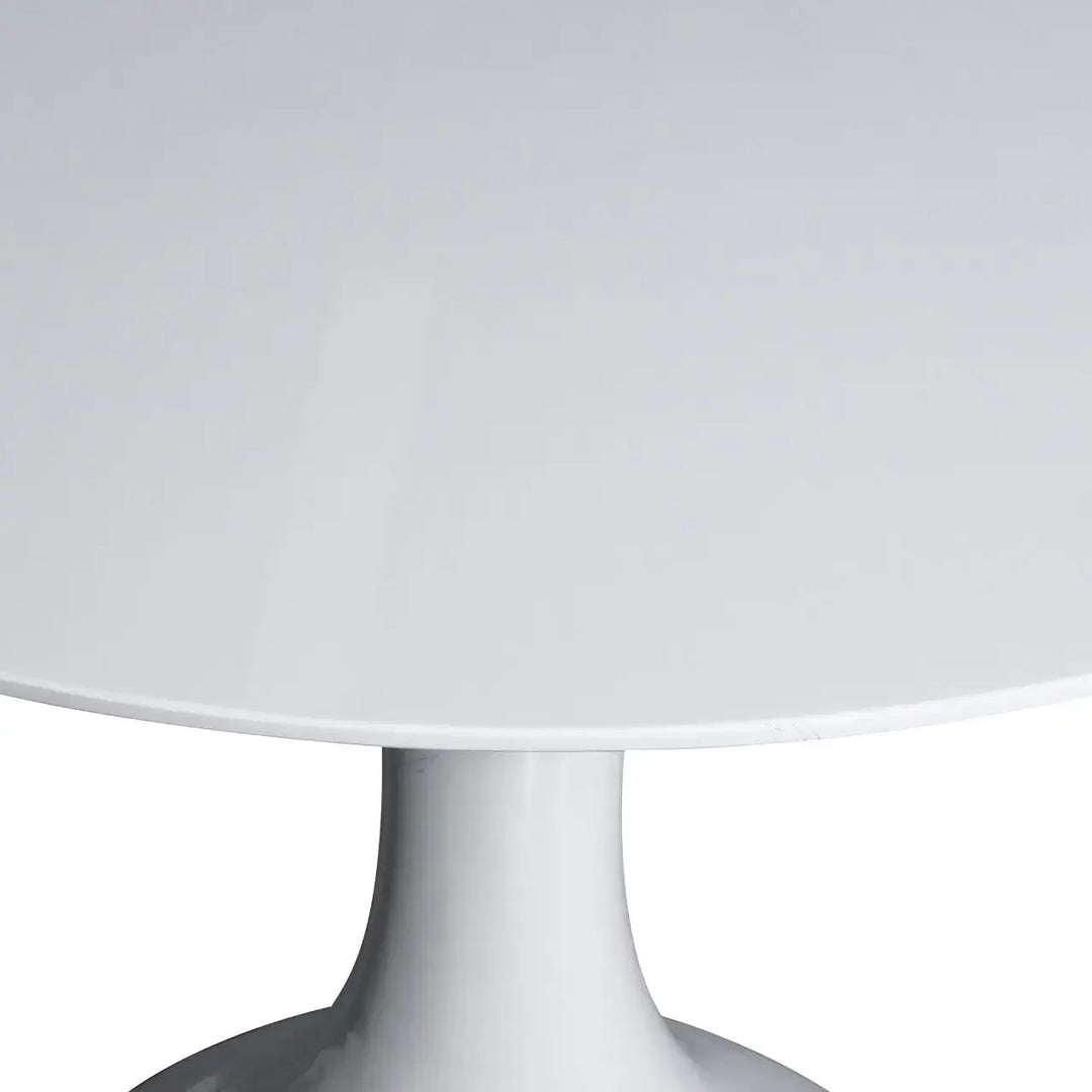 Round shape meeting table with a white glossy finish and a modern pedestal base for office use