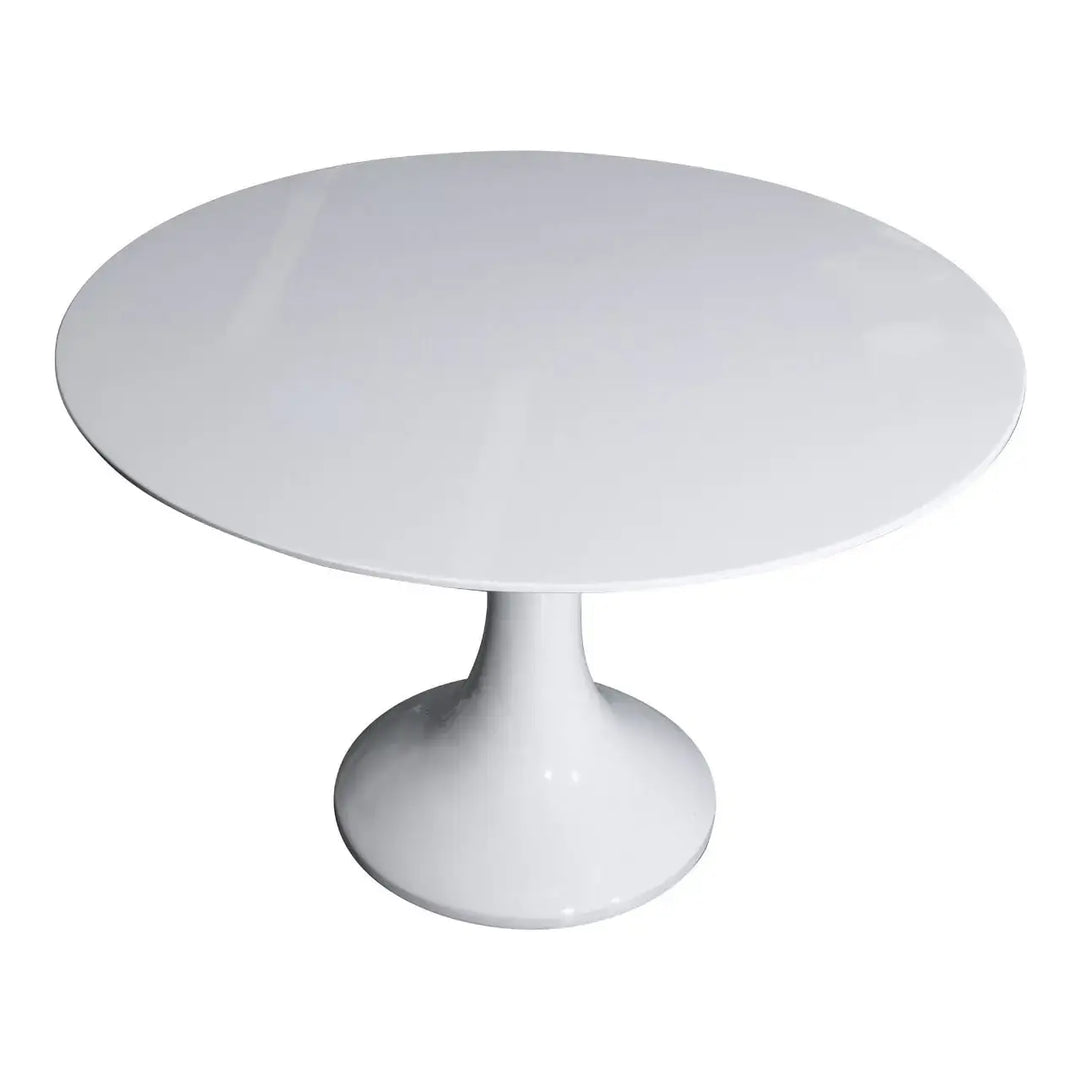 White round meeting table with glossy finish and single pedestal base ideal for office use
