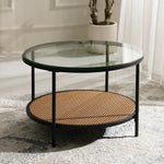 Load image into Gallery viewer, Round Walnut &amp; Black Coffee Table with Tempered Glass Top and Metal Frame