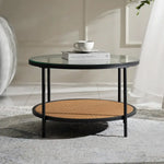Load image into Gallery viewer, Round Walnut &amp; Black Coffee Table with Tempered Glass Top and Metal Frame