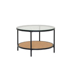Load image into Gallery viewer, Round Walnut &amp; Black Coffee Table with Tempered Glass Top and Metal Frame