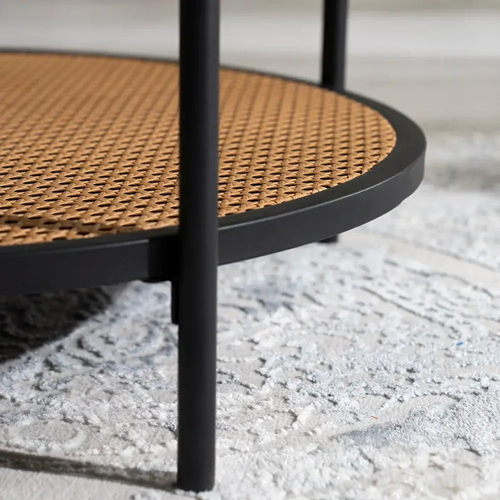 Round Walnut & Black Coffee Table with Tempered Glass Top and Metal Frame