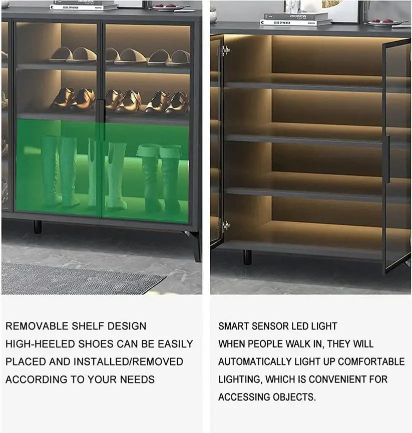 Shoe Cabinet in Tempered Glass Doors, Shoe Storage Racks Spacious 6-Tiers with Ambient Lighting-GCC Home Center