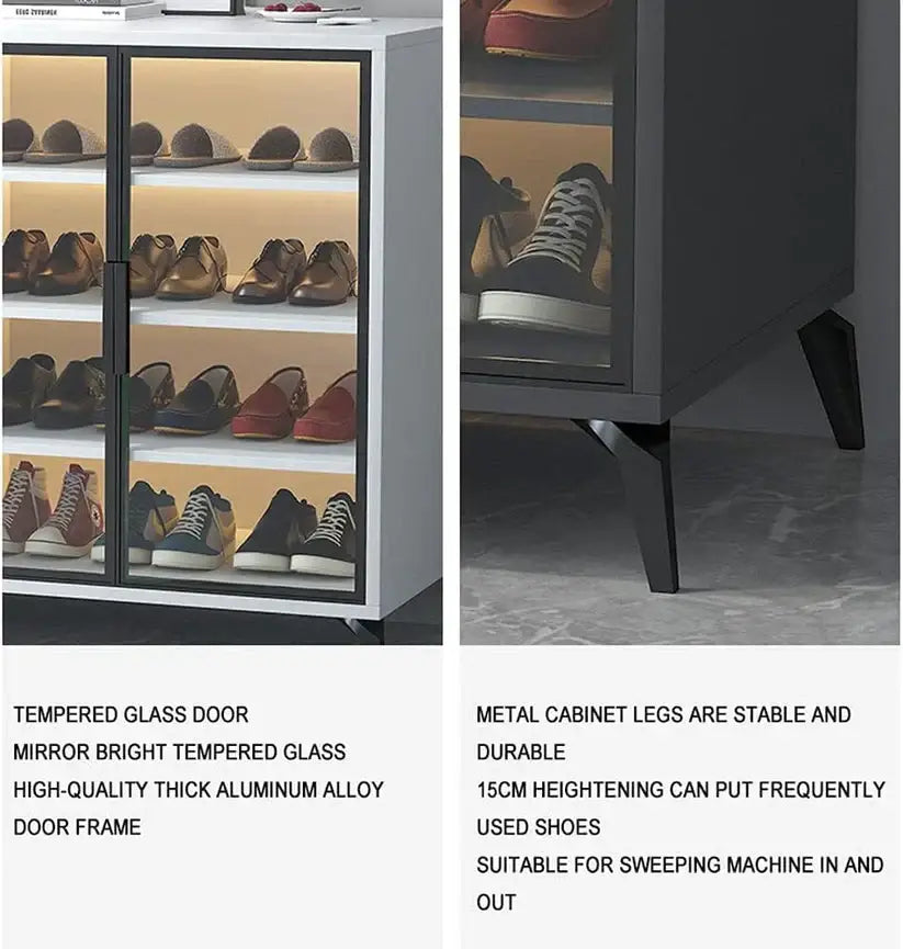 Shoe Cabinet in Tempered Glass Doors, Shoe Storage Racks Spacious 6-Tiers with Ambient Lighting-GCC Home Center