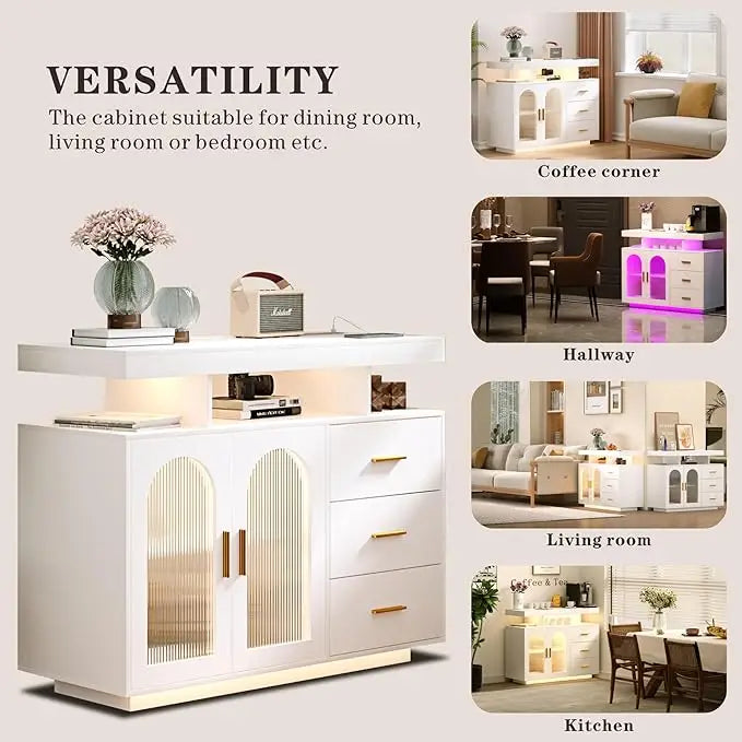 Sideboard Buffet Cabinet with Storage, LED Lights & Charging Station (100 x 40 x 80 cm)