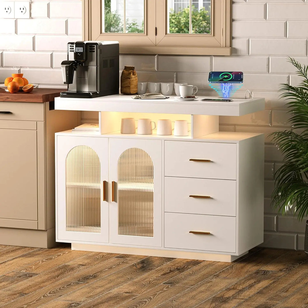 Sideboard Buffet Cabinet with Storage, LED Lights & Charging Station (100 x 40 x 80 cm)