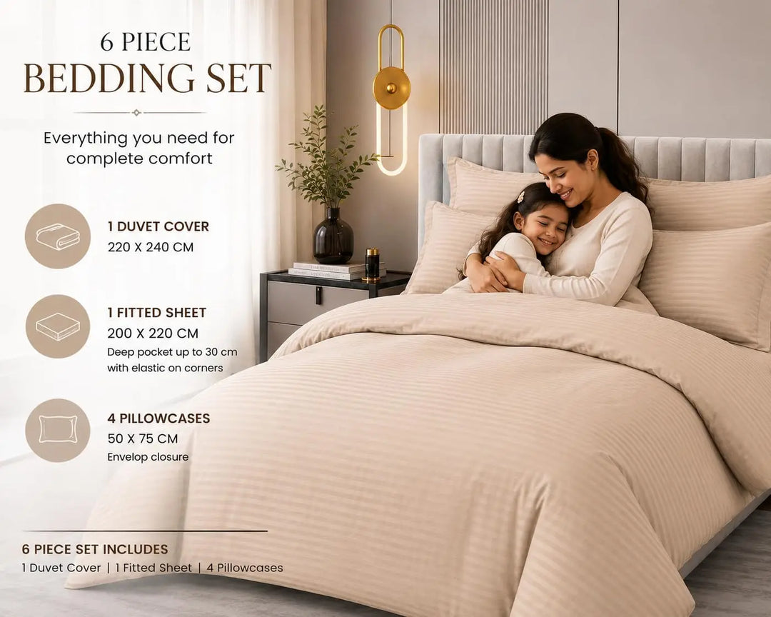 Sleeping Bear 6-Piece Luxury King Size Cotton Bedsheet - Quilt Cover Set | 1 Fitted 200 * 200 Sheet + 1 Quilt Cover + 4 Pillow Cases (Beige)