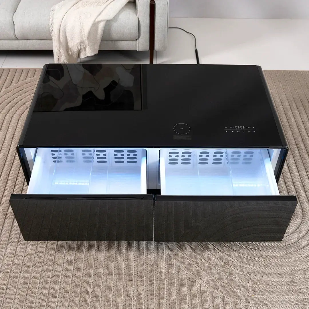 Smart Coffee Table with Built-in Fridge, Wireless Charging & Bluetooth Speaker – Wooden/Brown Finish