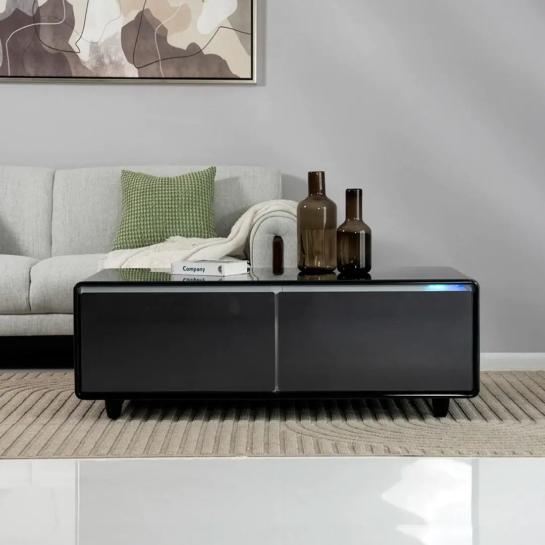 Smart Coffee Table with Built-in Fridge, Wireless Charging & Bluetooth Speaker – Wooden/Brown Finish