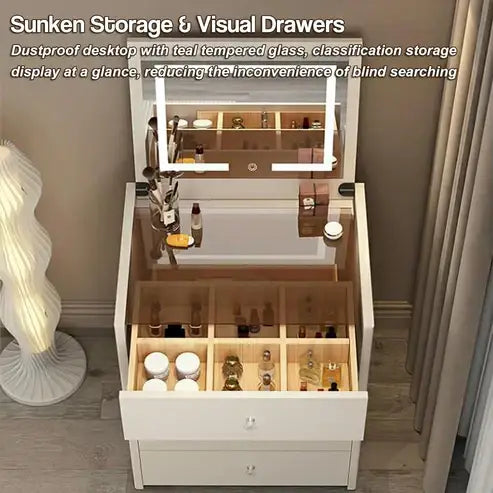 Smart Compact Dressing Vanity Table with LED Mirror, Foldable Bench, and Storage Drawers-GCC Home Center